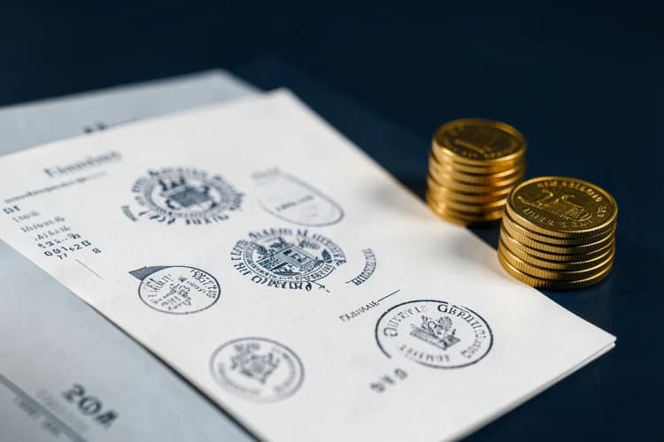 Um documento com selo oficial e carimbos, ao lado de uma pilha de moedas de ouro.