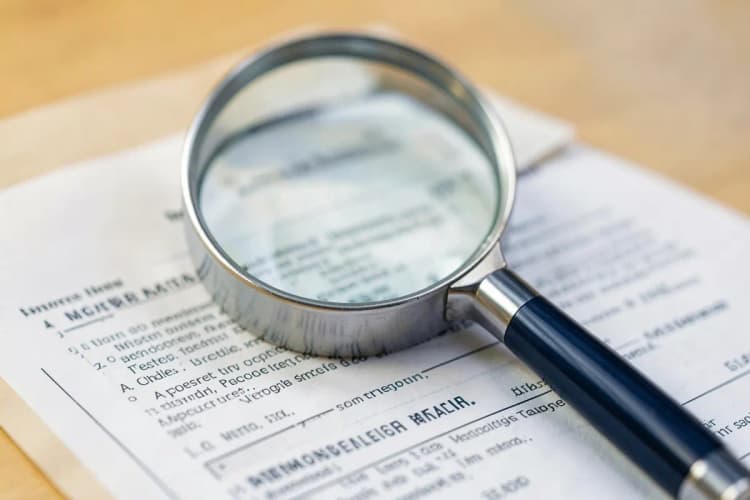 Uma lupa examinando um documento legal com detalhes em destaque, simbolizando a identificação de nulidades fiscais.