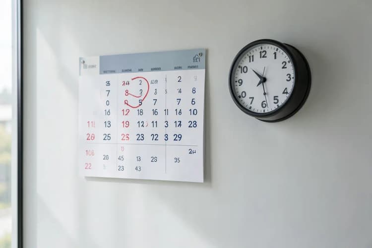 Um calendário com a data marcada em vermelho e um relógio ao lado, indicando prazos para defesa fiscal.