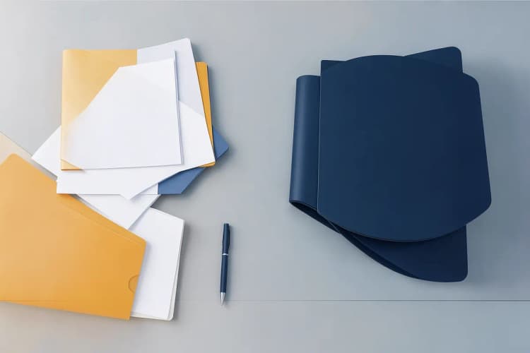 Uma mesa de escritório com papéis, pastas e um computador, tudo arrumado de forma organizada para a preparação de uma defesa fiscal.