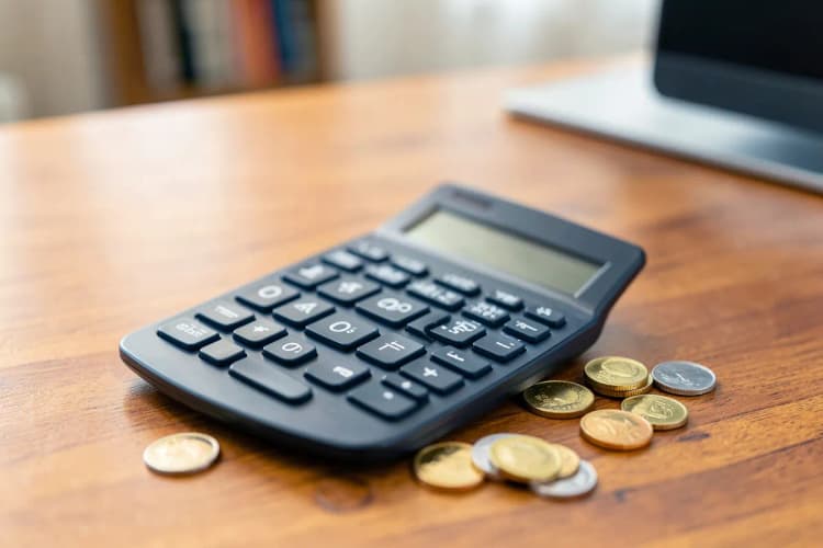 Uma calculadora e moedas de dinheiro sobre uma mesa de madeira, com foco em um documento desfocado ao fundo, sugerindo planejamento financeiro e tributário.