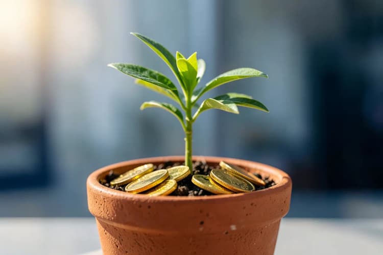 Uma planta crescendo em um vaso, com moedas de ouro ao redor da base, simbolizando os benefícios e o crescimento financeiro proporcionados pela consultoria tributária.
