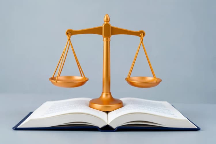 Uma balança da justiça equilibrada sobre um livro aberto, representando a tributação e a conformidade legal no contexto do Simples Nacional.