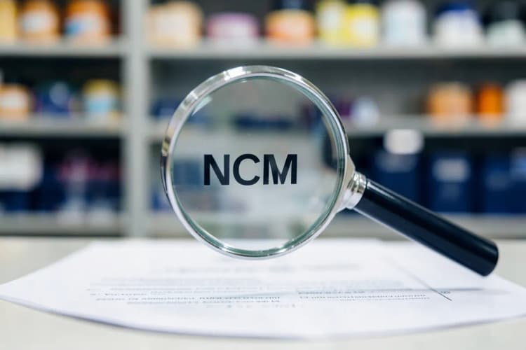 Uma lupa examinando um código NCM em um documento, com um fundo desfocado de prateleiras de produtos, indicando a análise detalhada de classificações fiscais.