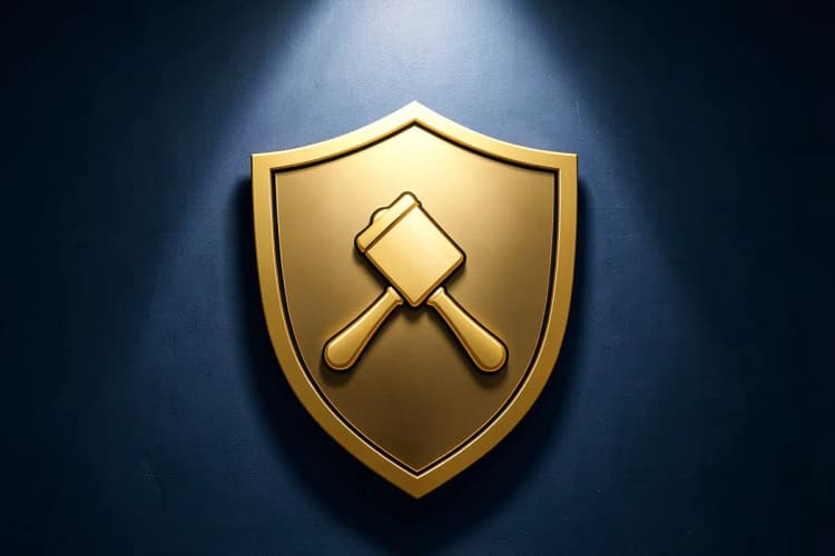 Um escudo estilizado com um martelo de juiz dentro, sobre um fundo escuro e texturizado, representando defesa em execuções fiscais e autuações.