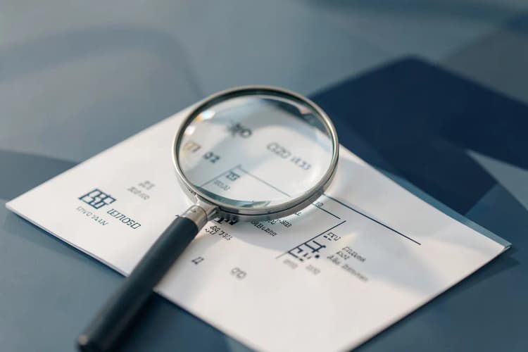Uma lupa examinando um documento com símbolos de impostos.