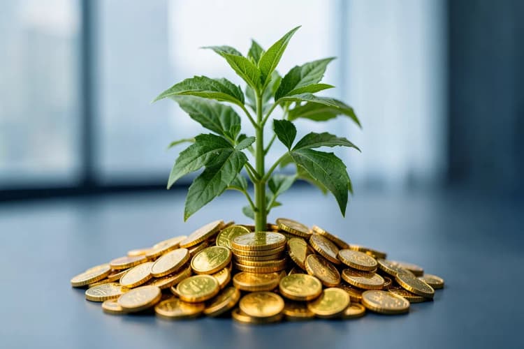 Uma planta crescendo de um monte de moedas de ouro.