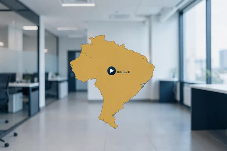Um mapa estilizado do Brasil com um marcador de localização em Belo Horizonte.