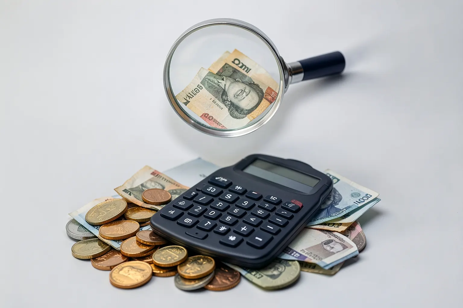 Uma calculadora sobre um monte de moedas e notas de dinheiro, com uma lupa focando em uma nota.