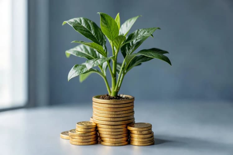 Uma planta crescendo de uma pilha de moedas de ouro, em plano médio, com luz natural vinda da esquerda.