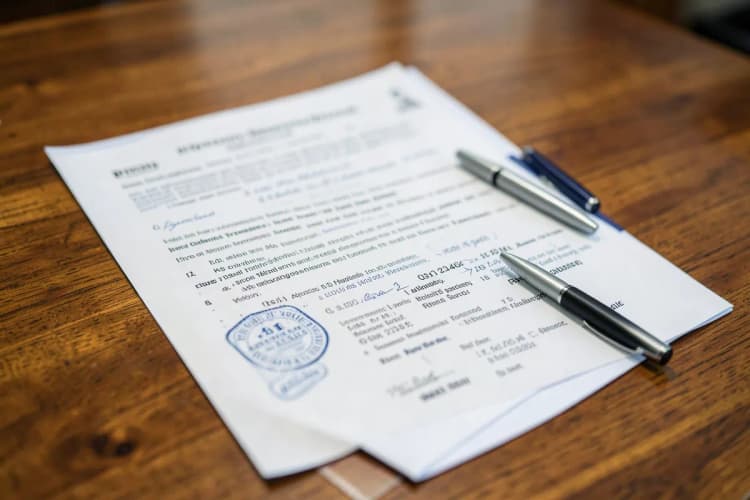 Um documento legal com carimbos e selos, em cima de uma mesa de madeira com uma caneta ao lado.