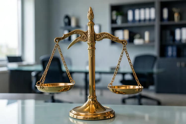 Uma balança da justiça desequilibrada, com um lado pesando mais que o outro, em um ambiente de escritório.