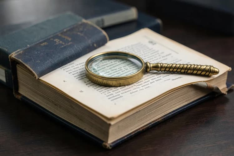 Uma pilha de livros jurídicos e códigos, com uma lupa focando em um trecho específico.