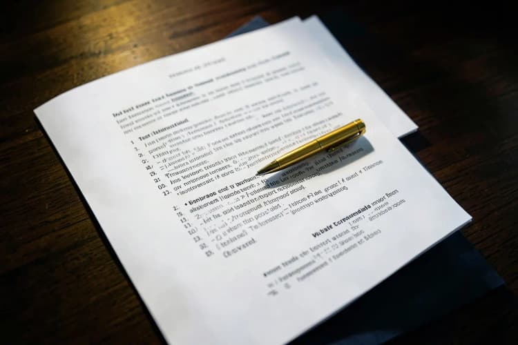 Um modelo de documento legal sendo preenchido com uma caneta dourada, em uma mesa de madeira escura.