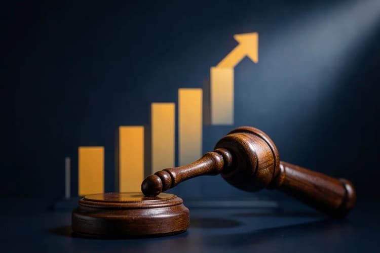 Uma representação visual de execução fiscal com um gráfico de barras caindo e um martelo de juiz.