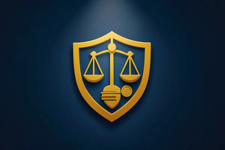 Um escudo estilizado com elementos de justiça e finanças, em um fundo azul escuro.