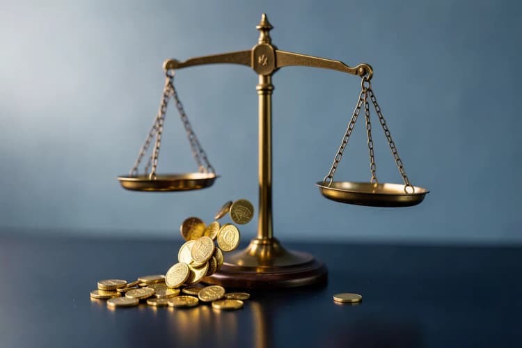Uma balança da justiça desequilibrada com moedas de ouro caindo de um lado, simbolizando os riscos financeiros na dissolução de sociedade.