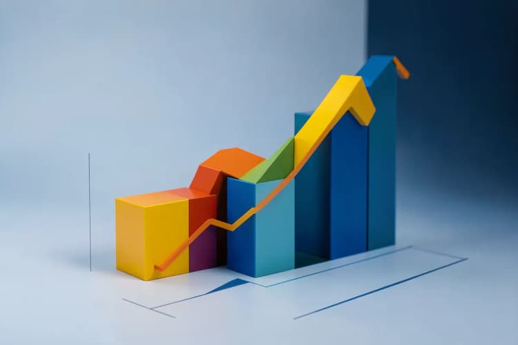 Gráficos de barras e linhas ascendentes, representando métodos de avaliação e crescimento financeiro.