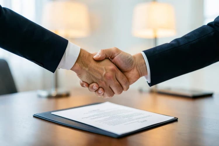 Duas mãos apertando firmemente uma a outra sobre um contrato, simbolizando acordo e resolução de conflitos.