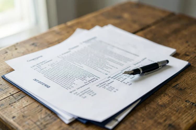 Um documento de contrato social aberto sobre uma mesa com uma caneta ao lado, representando a importância do acordo societário.