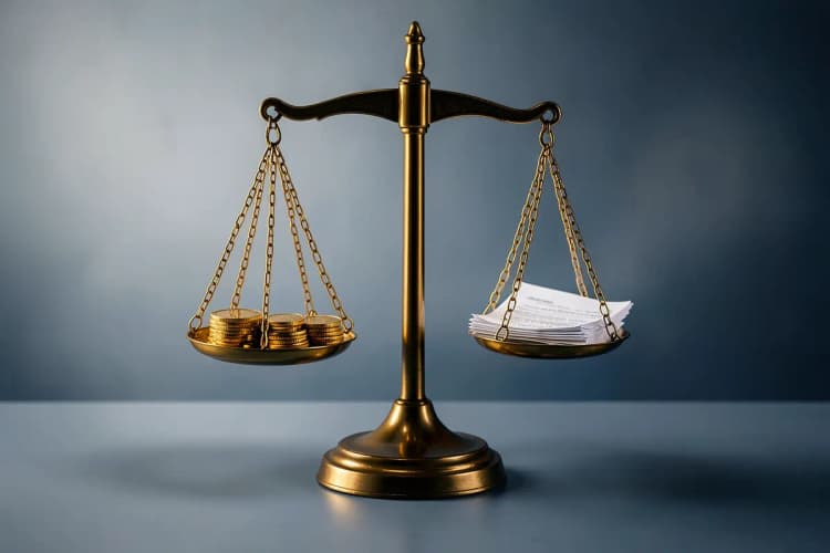 Uma balança de justiça equilibrada com moedas de ouro de um lado e documentos do outro.