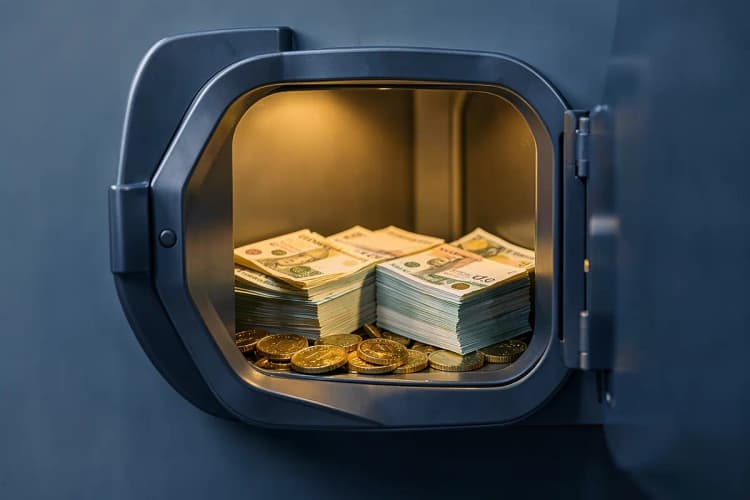 Um cofre de banco aberto com notas de dinheiro e moedas douradas dentro.