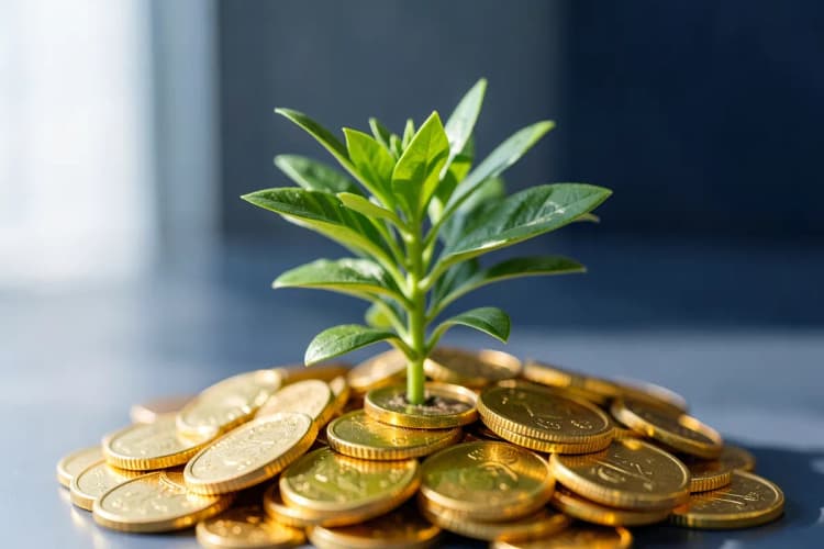 Uma planta crescendo de um monte de moedas de ouro.