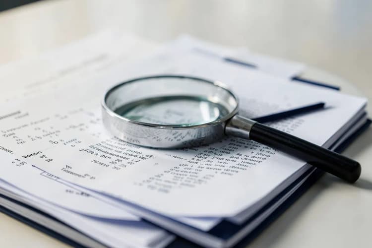 Uma pilha de documentos legais com uma lupa em cima.