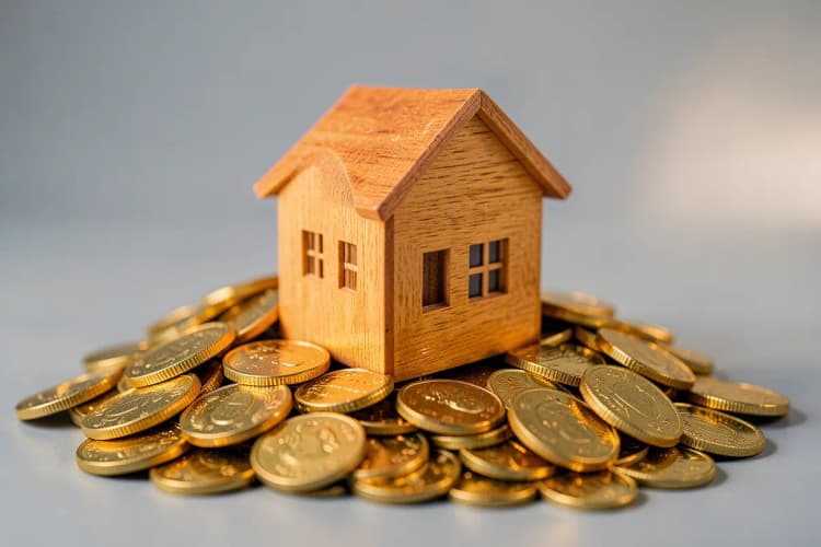 Uma casa de madeira em miniatura sobre um monte de moedas de ouro.