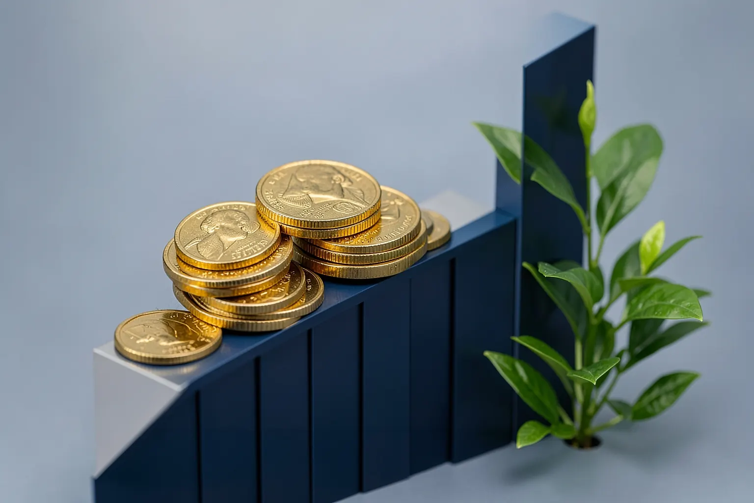 Moedas de ouro empilhadas em cima de um gráfico de barras ascendente, com uma planta crescendo ao lado.