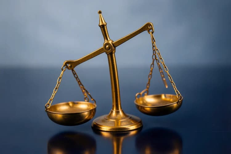 Uma balança da justiça desequilibrada com pesos de tamanhos diferentes, simbolizando a desigualdade ou disputa em um conflito.