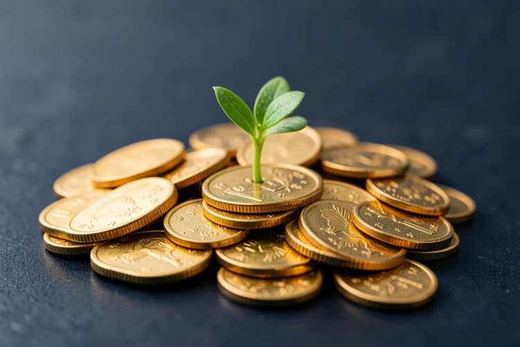 Uma planta crescendo a partir de moedas, simbolizando a recuperação financeira ou o investimento após uma crise.