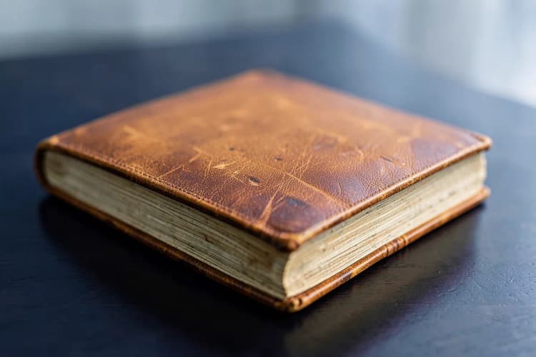 Um livro antigo fechado sobre uma mesa de madeira escura, simbolizando conhecimento e consulta.