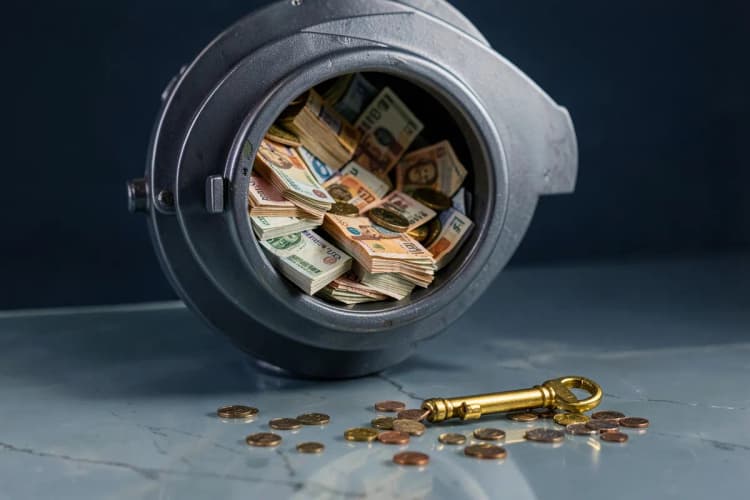 Um cofre de banco aberto com notas de dinheiro e moedas transbordando, com uma chave dourada ao lado.