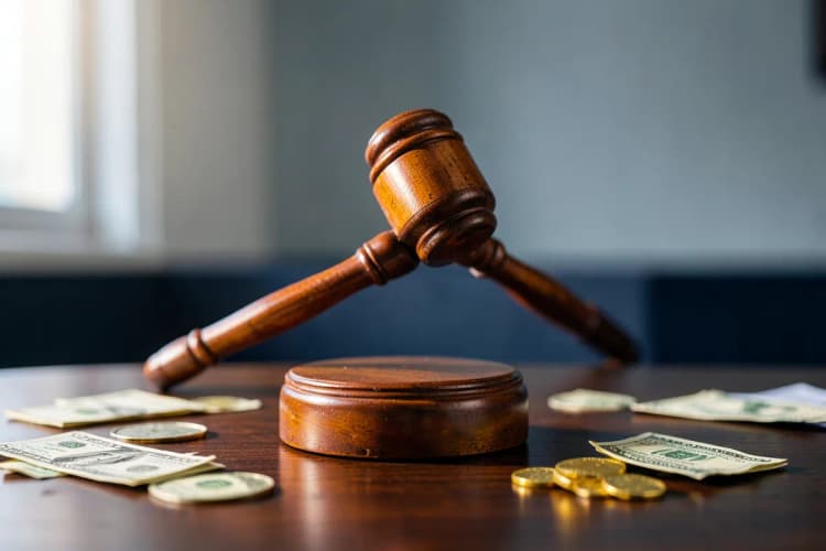 Um martelo de juiz batendo em um bloco de madeira sobre uma mesa, com notas de dólar e moedas espalhadas ao redor, plano médio, luz de tribunal vinda da esquerda, momento da batida.