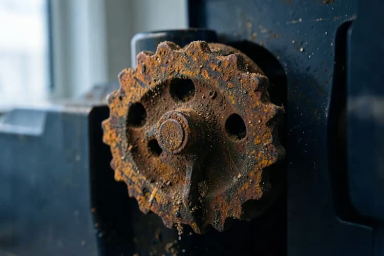 Uma engrenagem de metal enferrujada presa em uma máquina parada, com poeira acumulada e sinais de desgaste, detalhe, luz fraca vinda de uma janela lateral, estático.