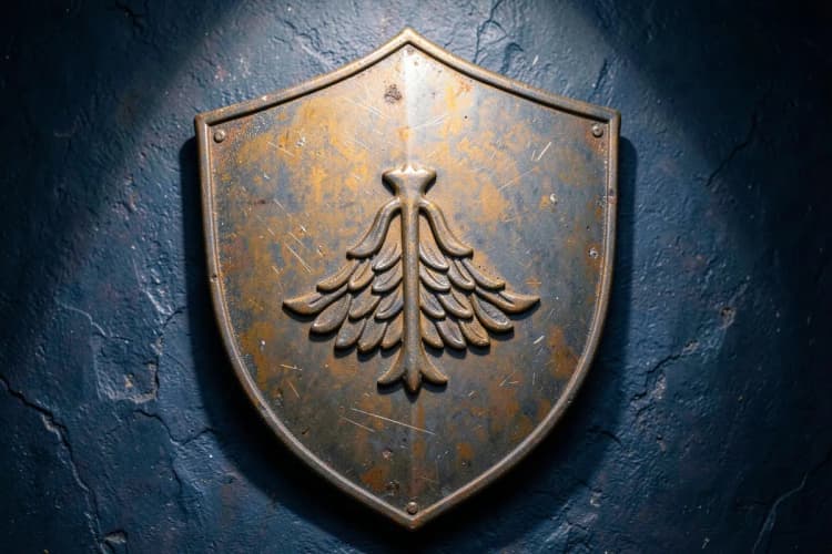 Um escudo de metal antigo com um símbolo de balança gravado, em um fundo escuro e texturizado, detalhe, luz dramática vinda de cima, estático.