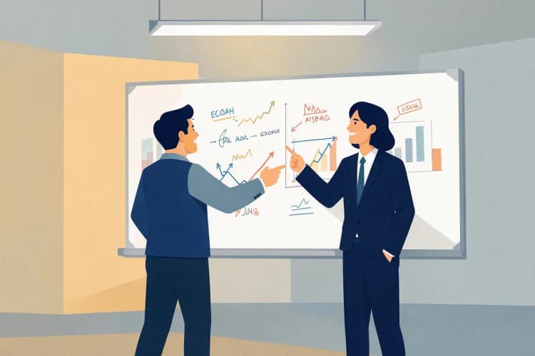 Duas pessoas de negócios discutindo em frente a um quadro branco com gráficos e anotações.