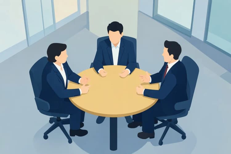 Um grupo de três pessoas de negócios sentadas ao redor de uma mesa redonda, gesticulando durante uma conversa.