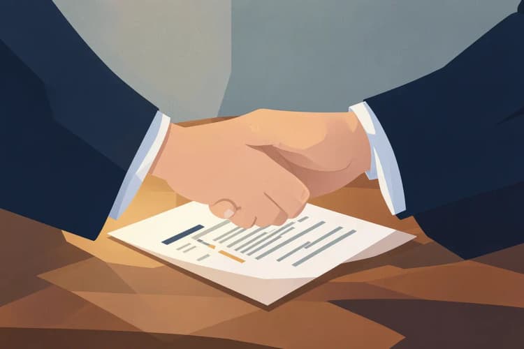Duas pessoas de negócios revisando um contrato em uma mesa de escritório com um aperto de mão simbólico.