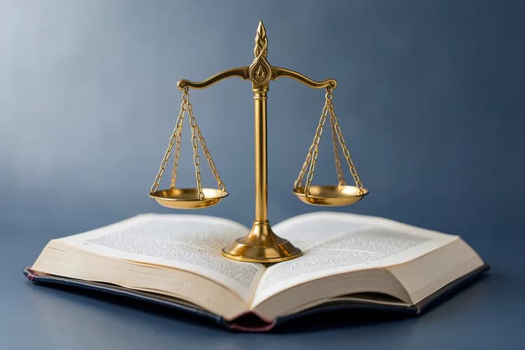 Uma balança da justiça dourada em cima de um livro aberto, com um fundo desfocado de um tribunal.