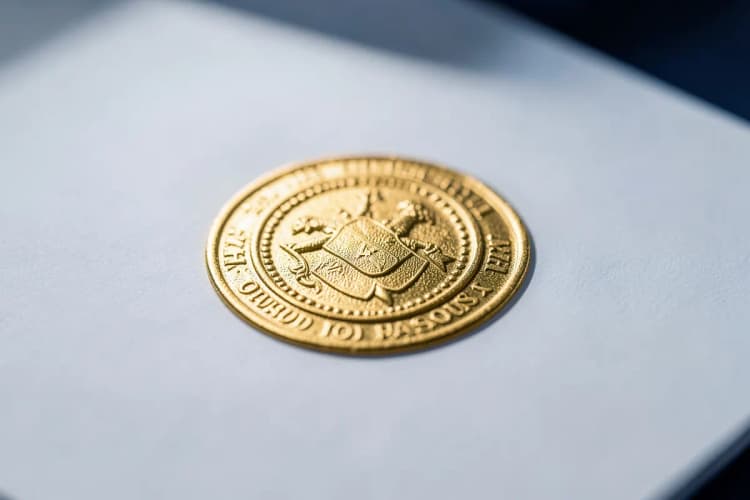 Um selo oficial com relevo dourado em um documento oficial, com foco no selo.