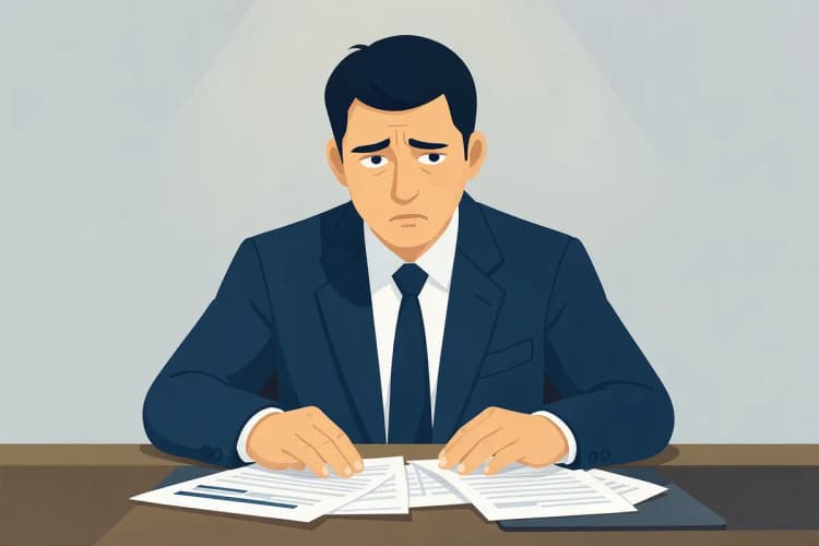 Um homem de terno olhando preocupado para documentos em uma mesa de escritório.