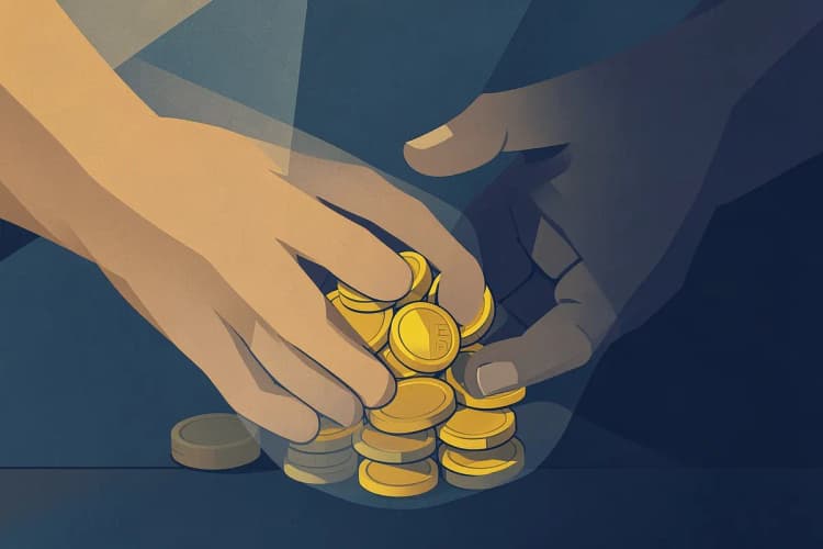 Uma mão protegendo moedas de ouro de uma mão que tenta pegá-las.