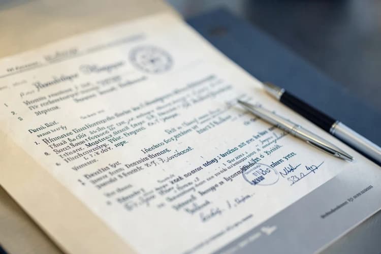 Um documento legal com carimbos e selos, com uma caneta ao lado