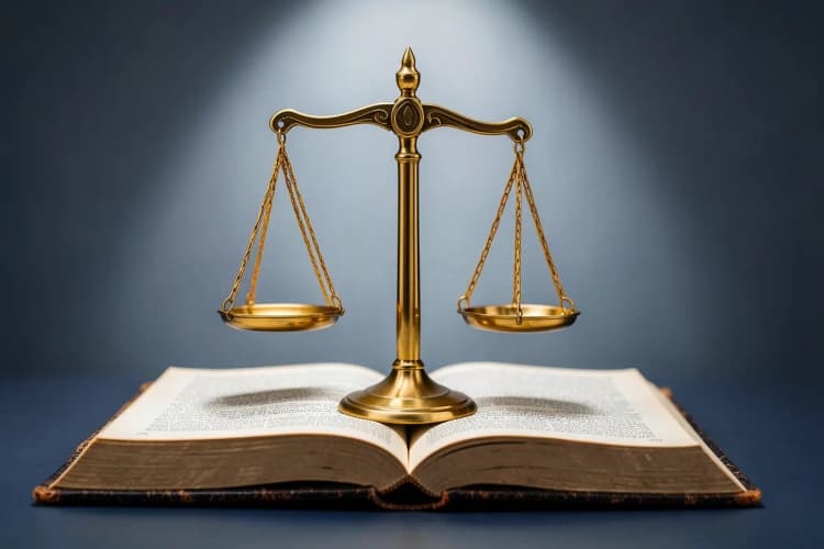 Uma balança da justiça em cima de um livro de leis aberto