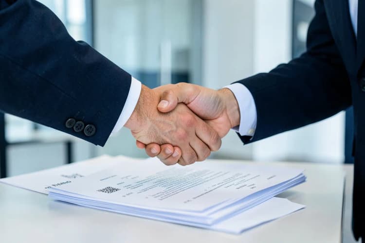 Um aperto de mãos sobre papéis de negócios e um contrato