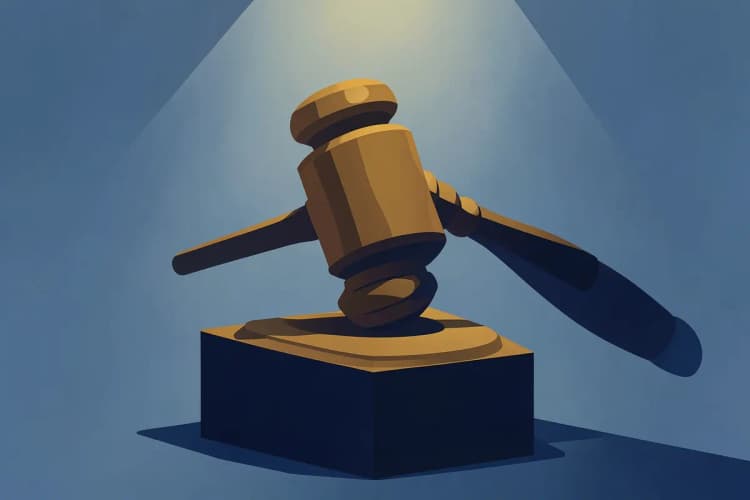 Close-up de um martelo de juiz batendo em um bloco de madeira, simbolizando justiça e decisão legal.