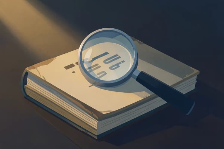 Pilha de livros de direito sobre uma mesa, com uma lupa focando em um trecho específico.