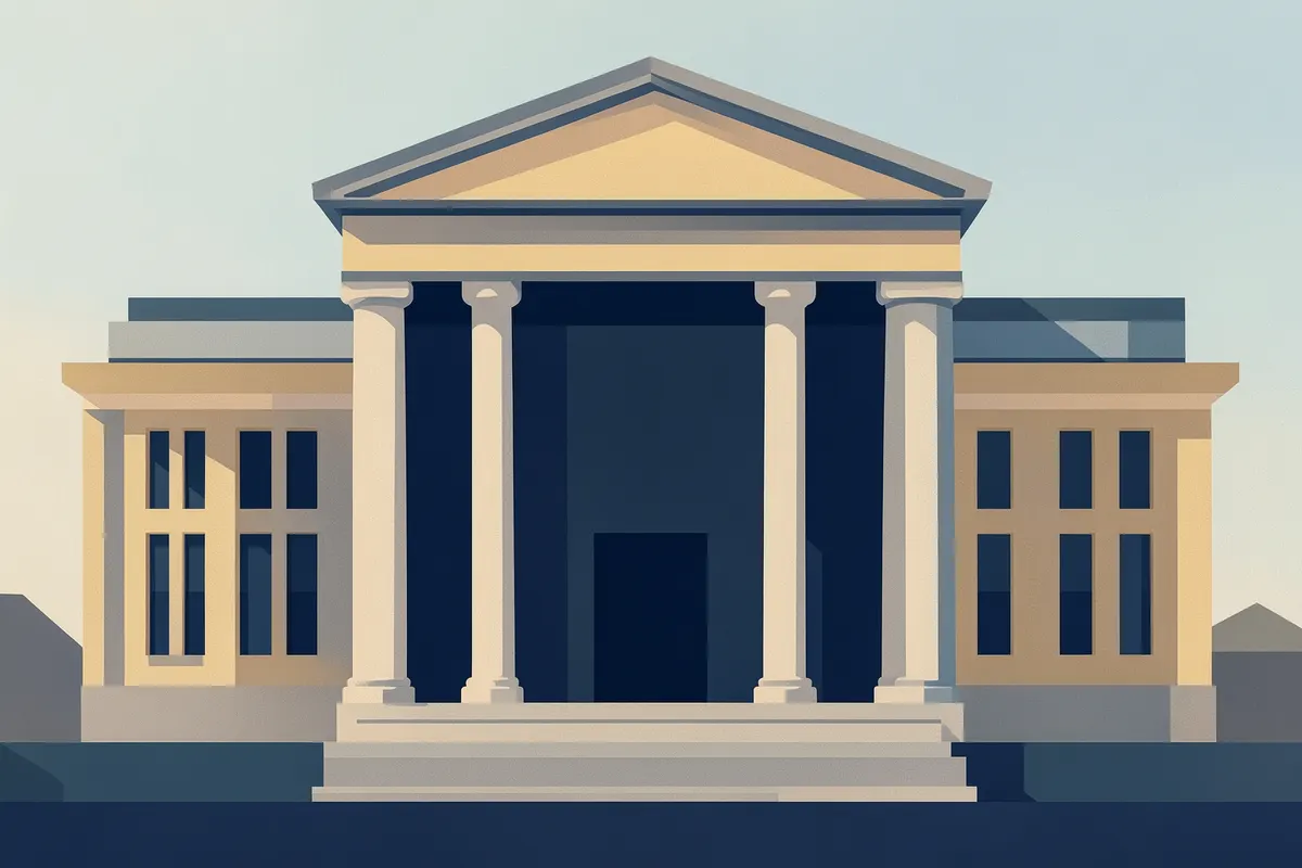 Fachada imponente do Supremo Tribunal Federal (STF) com colunas clássicas.